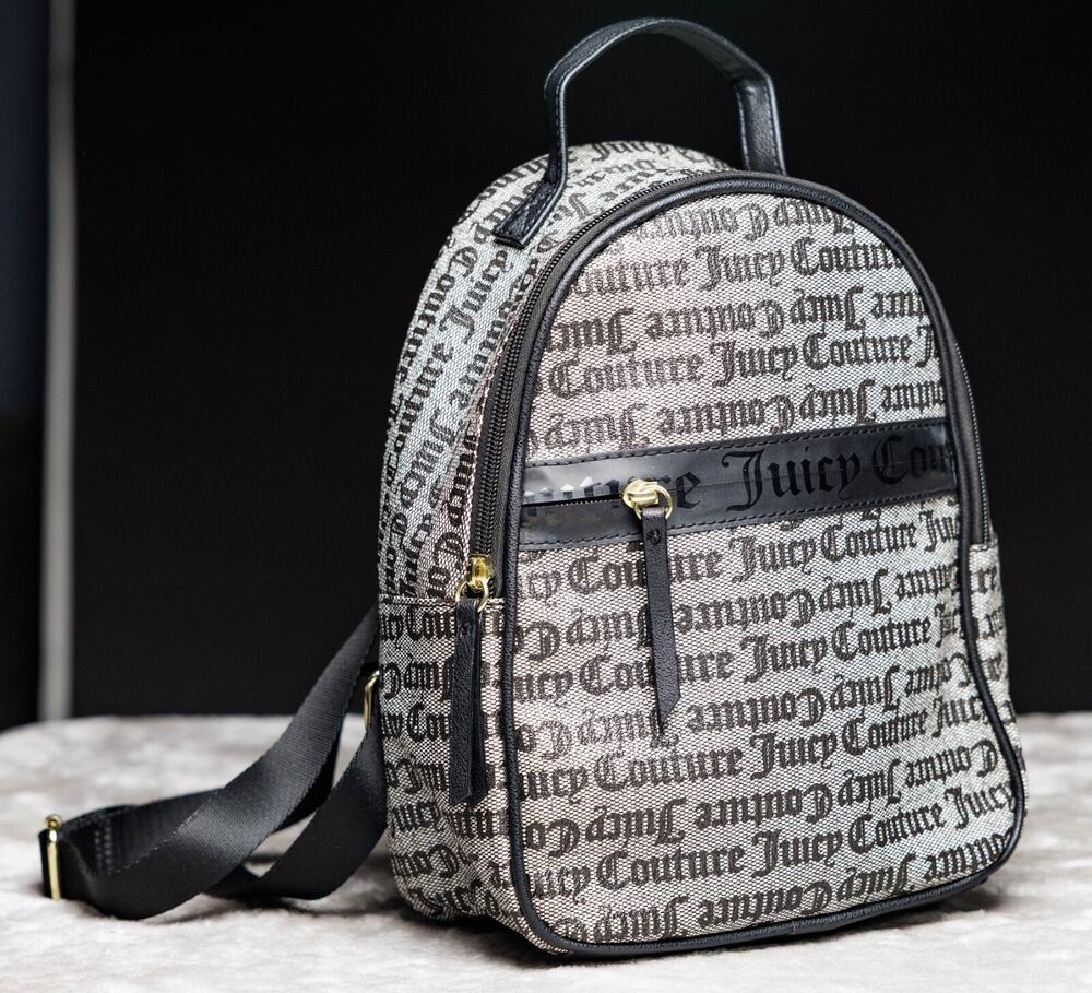 Juicy Couture Black Gray Logo Goth Our Zip Says it All Backpack Gold Hardware